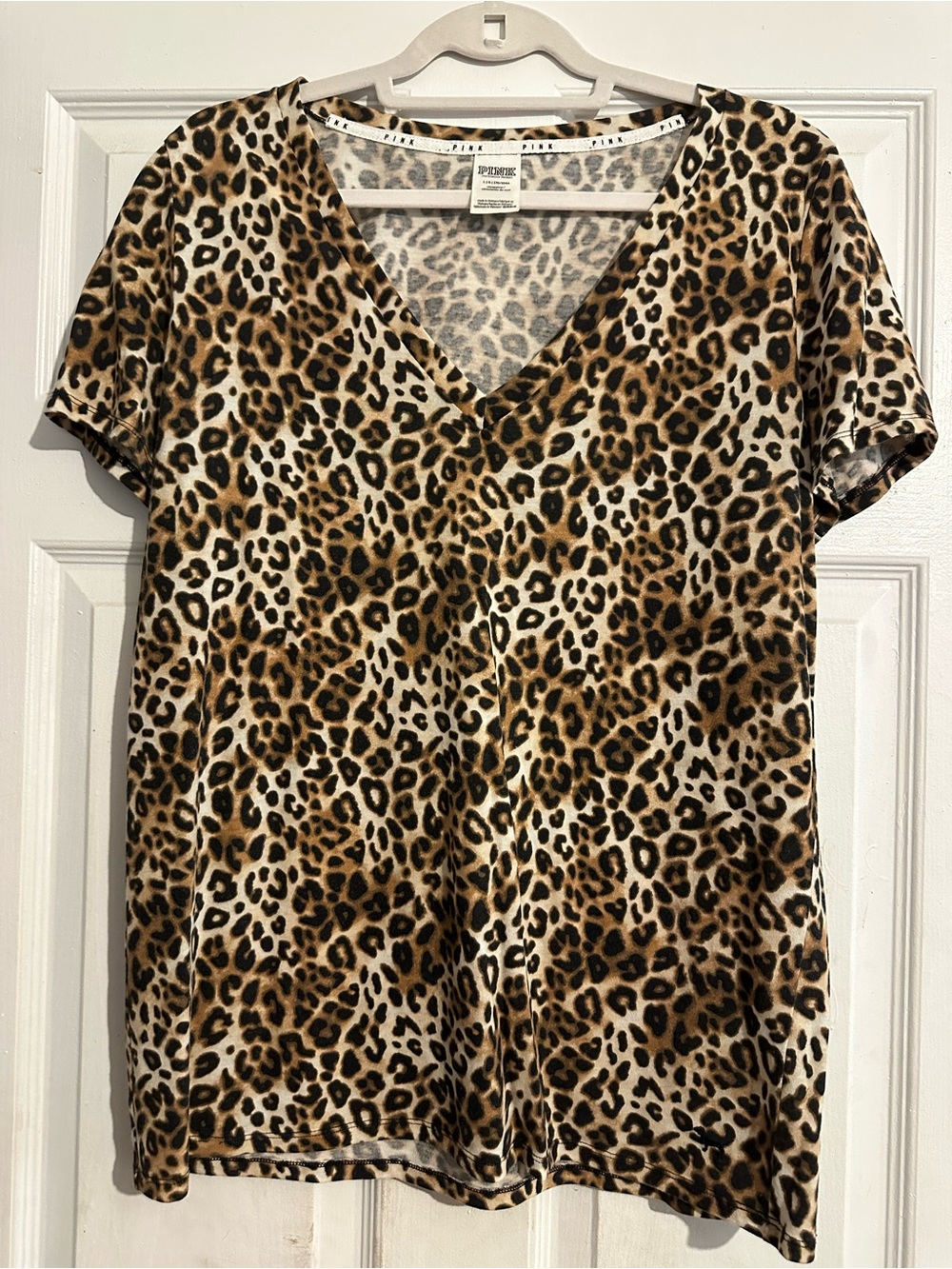 Victoria's Secret Leopard Print V-Neck Short Sleeve Top - Brown Black